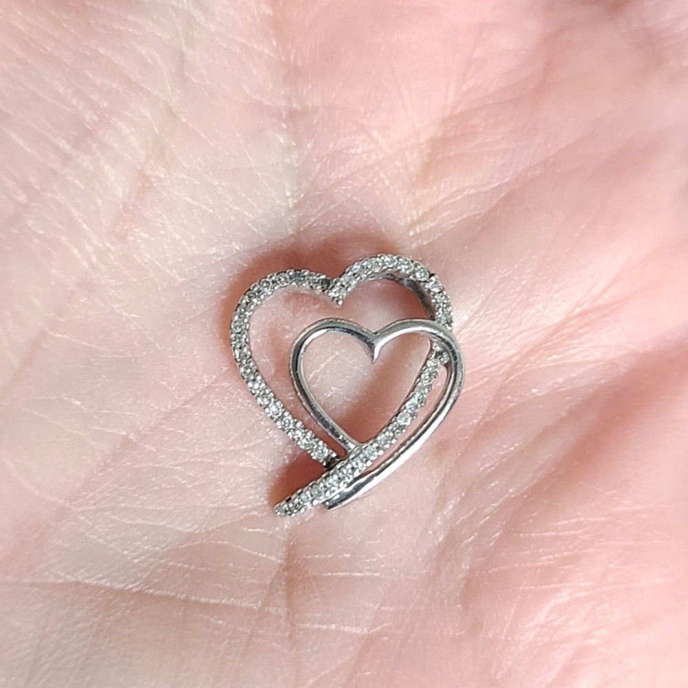 Vintage 90s 00s Sterling Silver Cz Crystal Rhinestone Double Heart Pendant